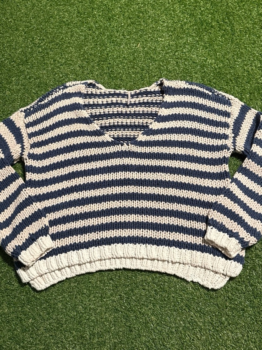 Free People Navy and Cream Striped V-Neck Sweater
